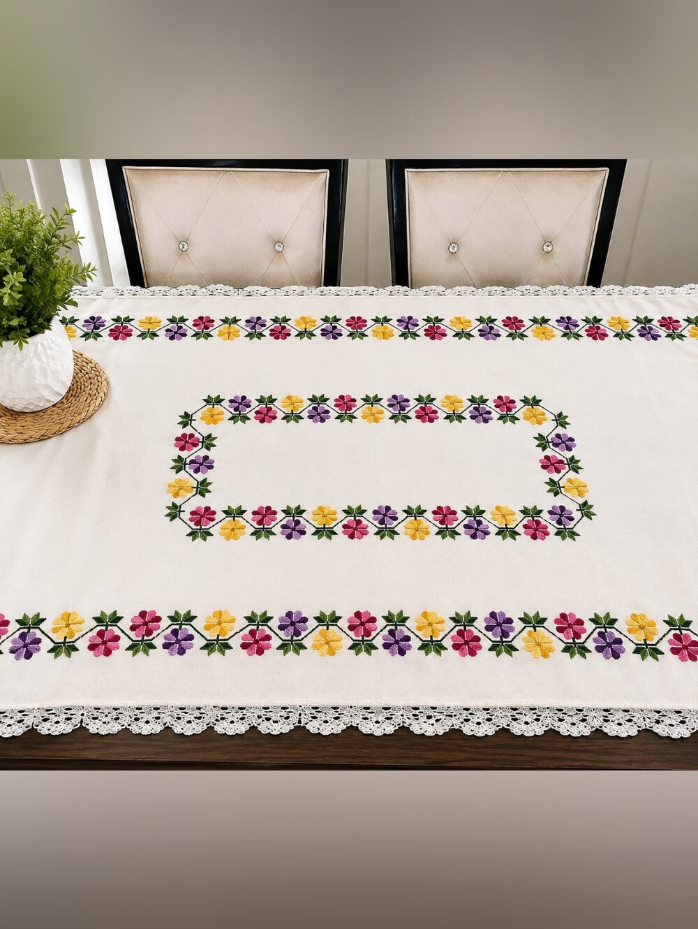 Hand-Embroidered Floral Tablecloth in White with Pink, Yellow & Purple Flowers
